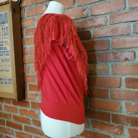 Vintage 80s Red Long Fringe Top V Neck T Shirts Me - Picture 6 of 7